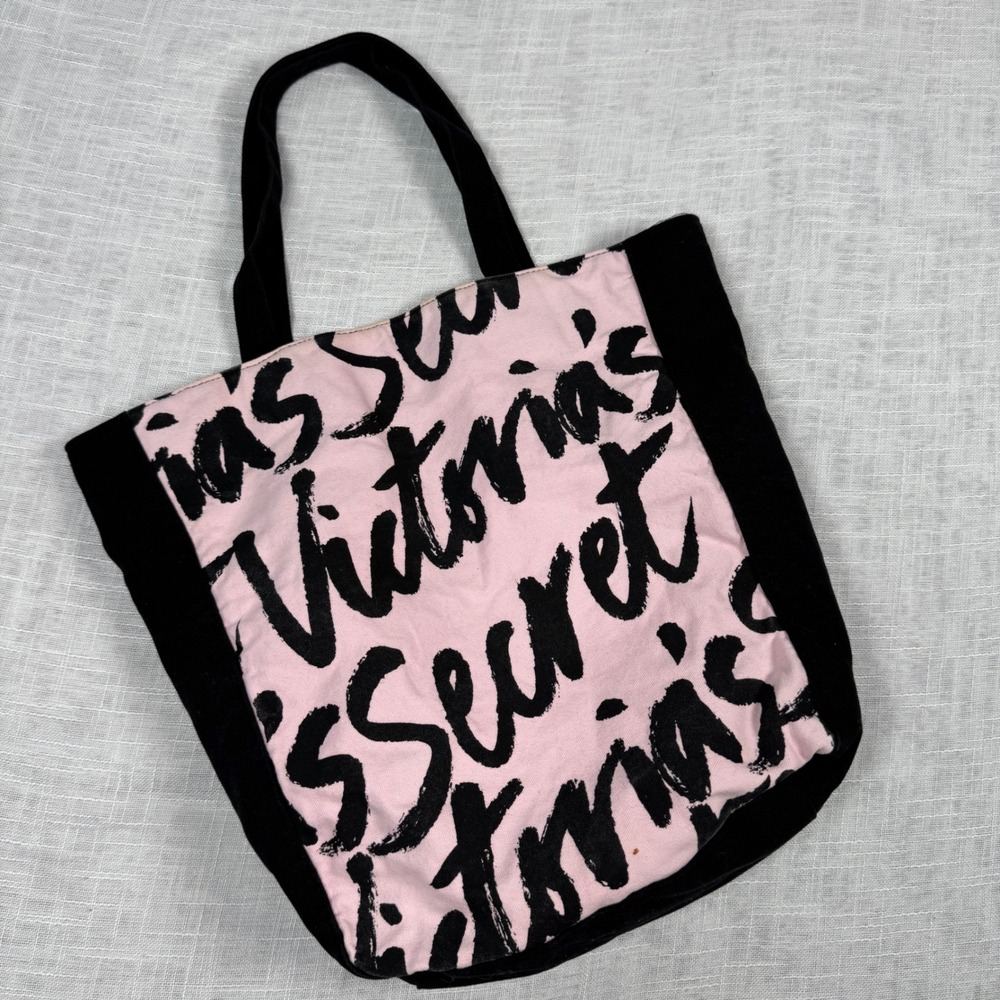 Y2K Victoria's Secret Tote Bag Women OS Pink Black Script Logo Coquette College